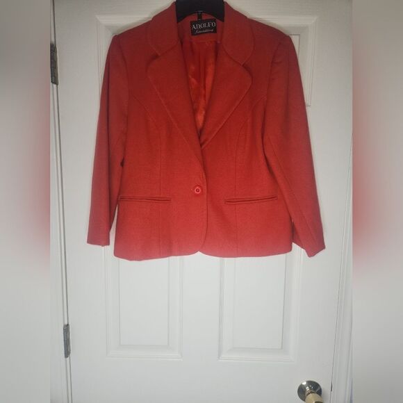 Adolfo International 8P Fire EngineRed 100% WOOL L/slv Lined Women Jacket Blazer - Picture 1 of 8